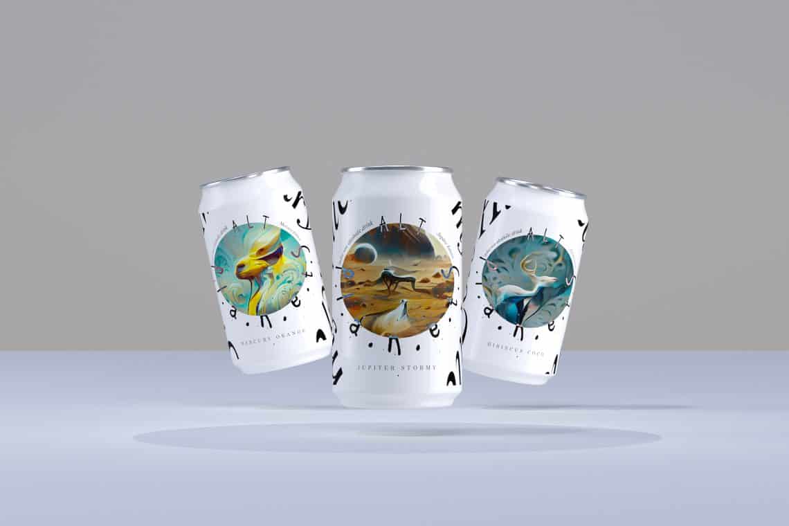 Trio de canettes de boisson réalisé grâce à l'Intelligence Artificielle