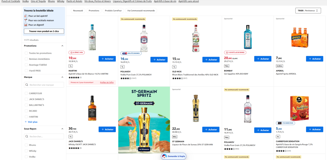 Site Internet d'un hypermarché - Rubrique Spiritueux