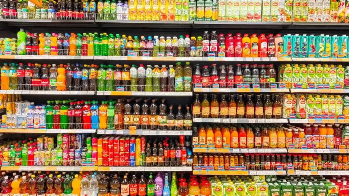 linéaire GMS du rayon boissons sans alcool, plusieurs marques de kombucha, soda fonctionnel et nolow alignées côte à côte
